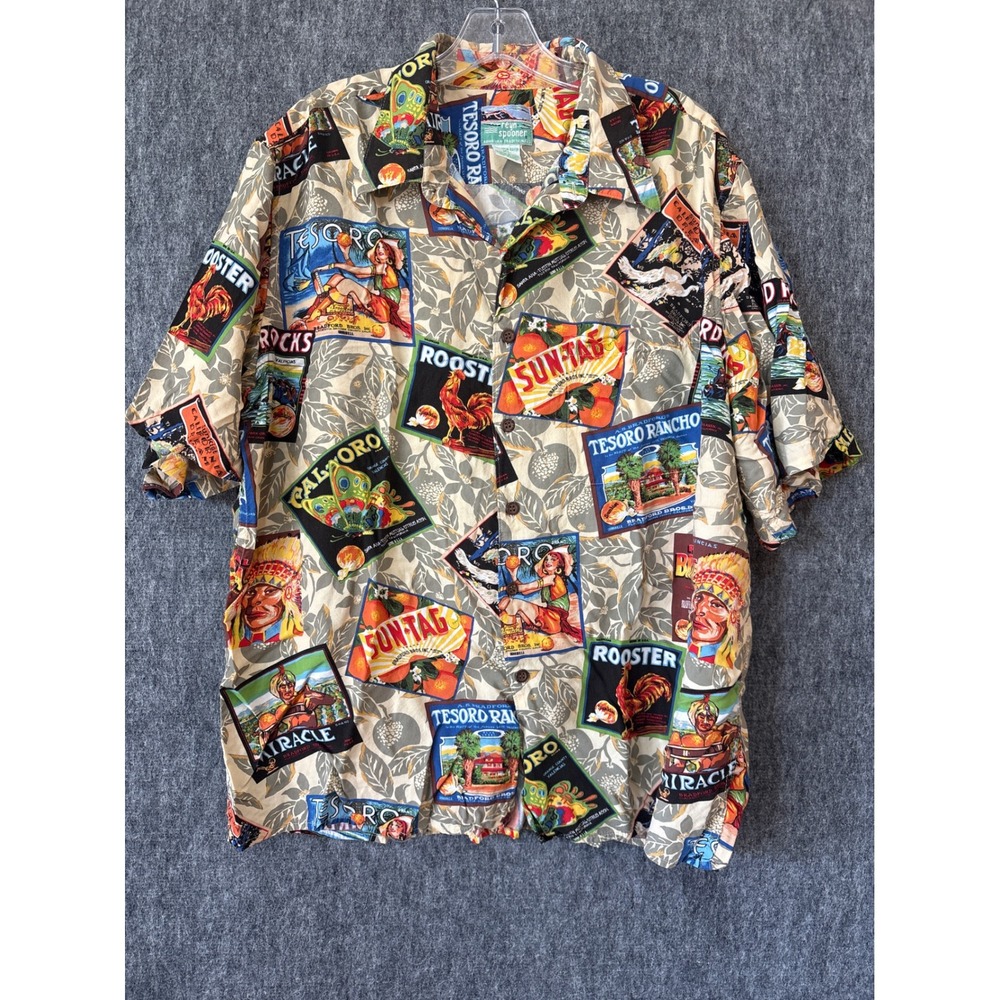 Reyn Spooner Hawaiian Traditions Fruit Crate Label Rayon Shirt Tan Multi XL